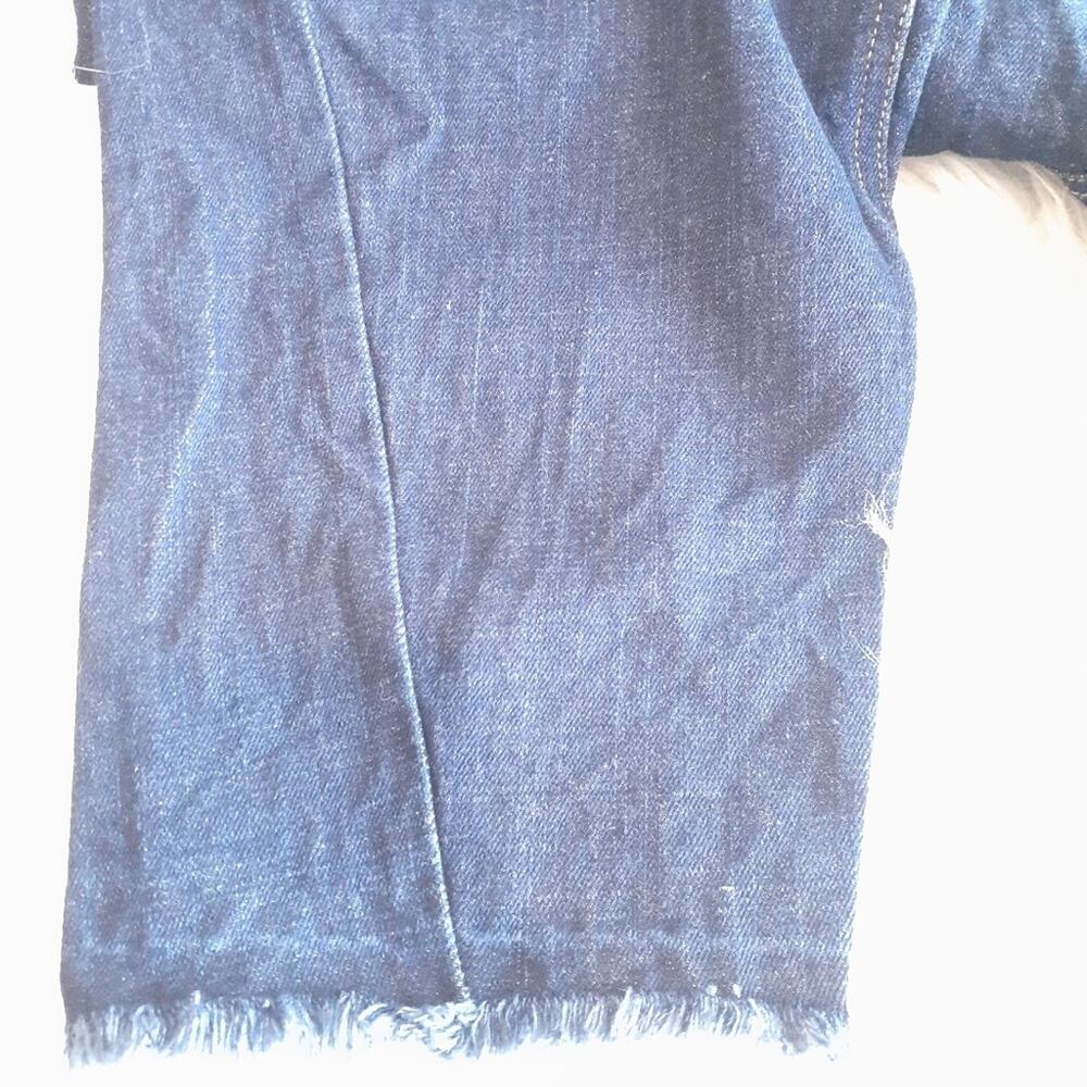 WHEART Blue Dark Washed Cropped Barrel Tapered Baggy Jeans Raw Hem High Rise - Picture 8 of 14